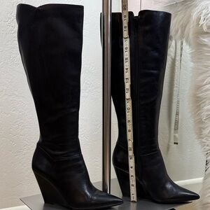 Nine West Varin Black Leather Pointed Toe Wedge Boots - Wide Calf 8.5